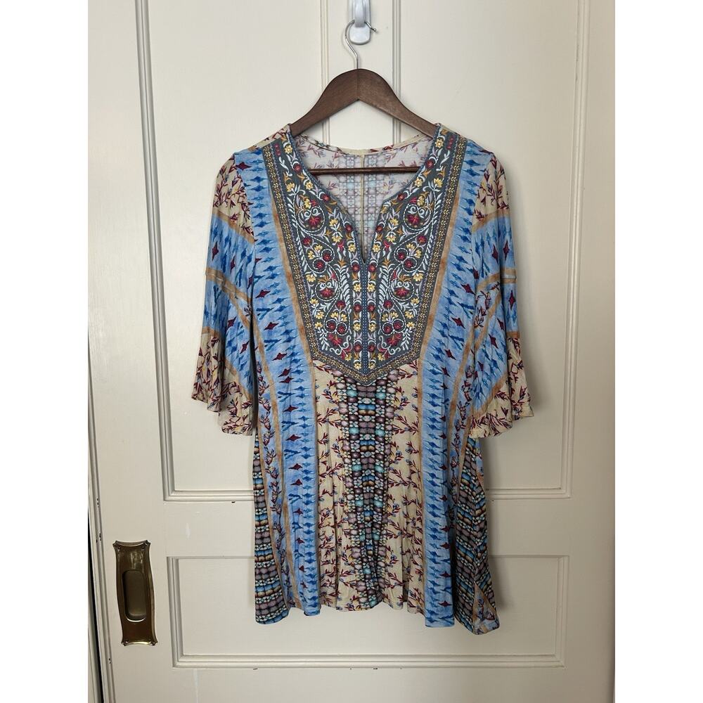 Soft Surroundings Floral Embroidered Boho Blouse Womens Size Small Blue Yellow